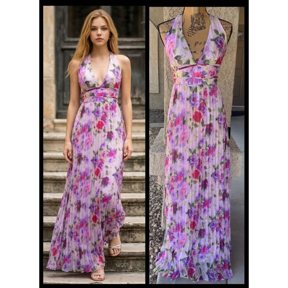 Lulus Morgana Lilac Floral Print Pleated Satin Maxi Dress Size XL